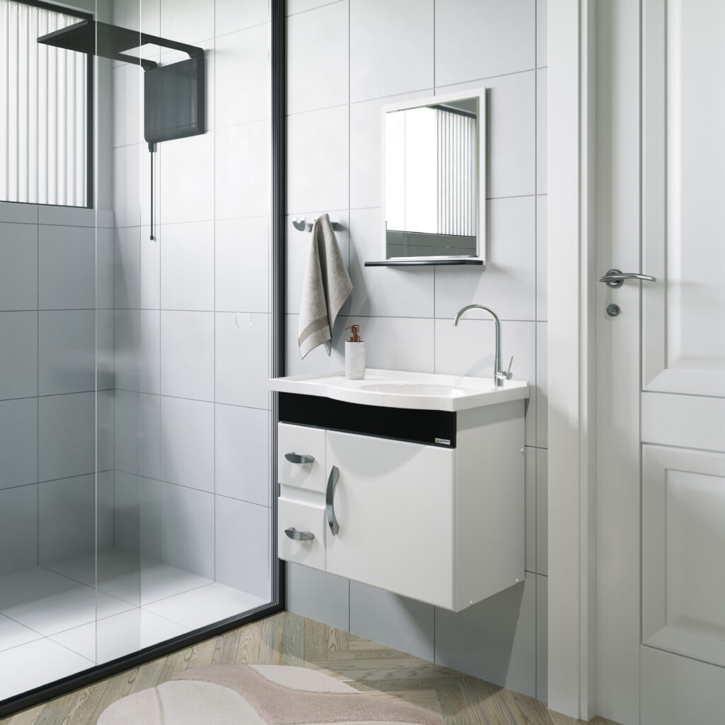 GABINETE BANHEIRO RORATO SIENA KIT 0,55M 2 GAVETAS + ESPELHO BRANCO - 1